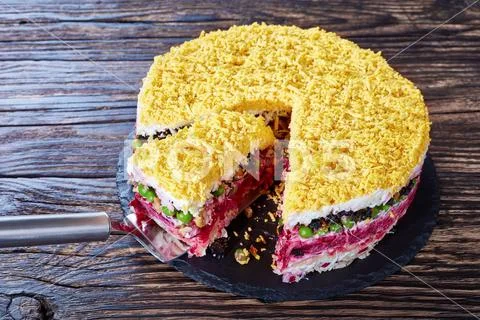Seven layered cake salad on a plate Stock Photos