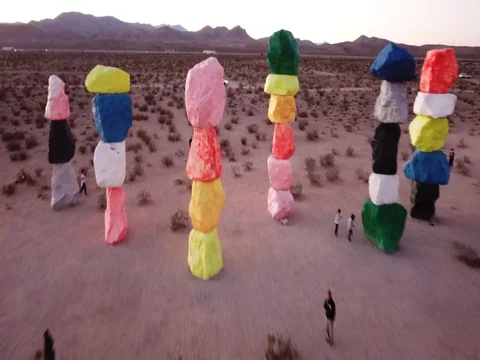 Seven Magic Mountains far Approaching close flyover Stock Footage 81376803