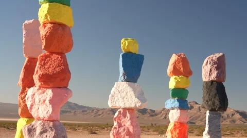 Seven Magic Mountains Landmark in Nevada Desert USA, Colorful Rock Columns on Stock Footage 342130472