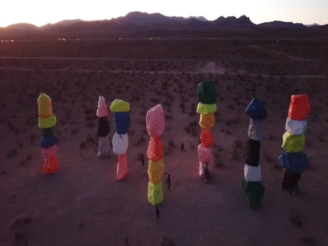 Seven Magic Mountains pan from top down Stock Footage 81377563