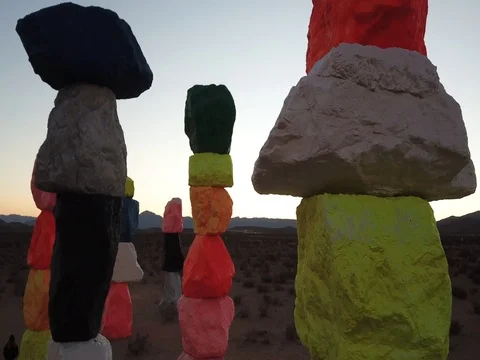 Seven Magic Mountains Rising shot during Sunset | Las Vegas, Nevada Stock Footage 81342268