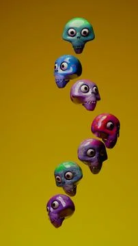 Seven patterned skull figurines ascending in diagonal line on orange backgr.. Stock Photos