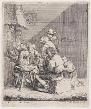 Seven peasants in a rustic interior with a man lighting a pipe ca. 164070 J.. Stock Photos