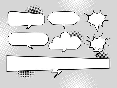Seven retro speech bubbles drawn pop art style Stockillustratie