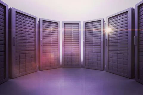 Seven server racks are standing in 3D render room with glowing purple LEDs on Stock Illustration