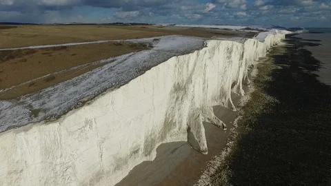 Seven Sisters chalk cliffs aerial Stock Footage 86574623