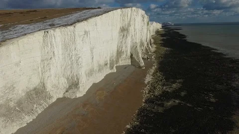 Seven Sisters chalk cliffs aerial Stock Footage 86574638