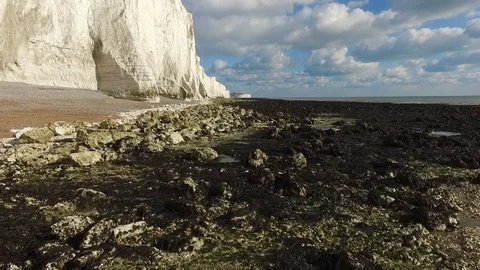 Seven Sisters chalk cliffs aerial Stock Footage 86575310