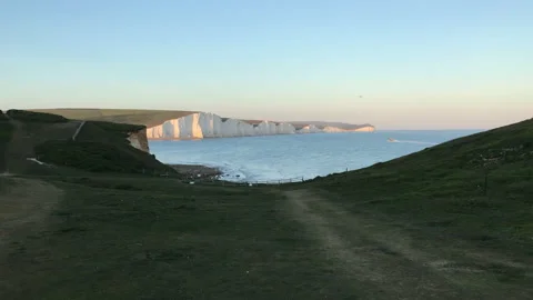 Seven sisters - chalk cliffs on a sunset in England Stock Footage 130879958