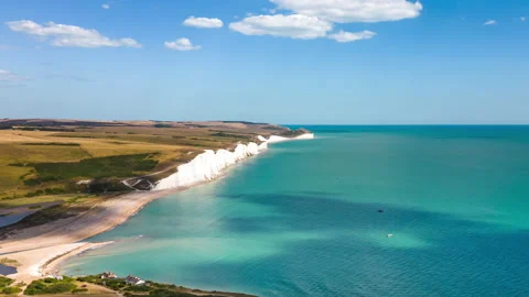 Seven Sisters Cliff Face Drone Hyperlapse Aerial England UK Stock Footage 205422376