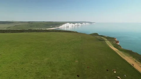 Seven Sisters, white cliffs iconic chalk cliff formation opposite Cuckmere Ha Stock Footage 155742420