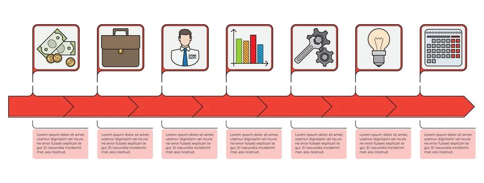 Seven-step horizontal arrow infographic with icons representing business elem Stock Illustration