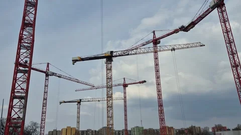 Seven Tower Cranes Coordinated Movement Hyperlapse Stock Footage 331536973