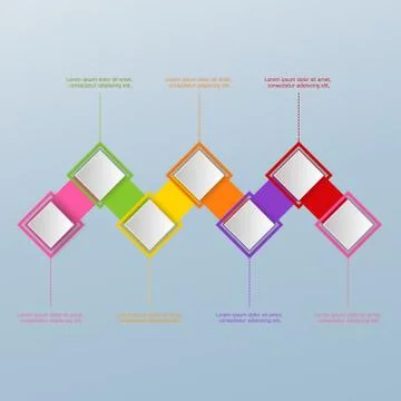 Seven white paper square elements in zigzag. Concept of successive steps to g Stock Illustration
