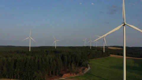 Seven wind turbines in a pine forest Video stock 143900970