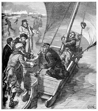 Seven years in the land of Atlantic cod, Sleigh veil, vintage engraving. 库存插图