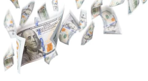 Several 100 Dollar Bills Falling From Above On White Background. Stock Photos