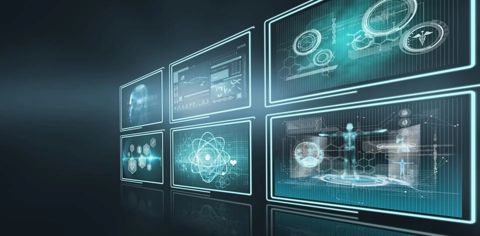 Several 3d screens with blue interface Stock Illustration