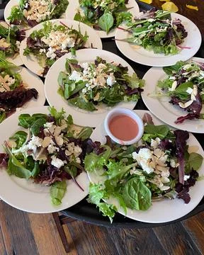 Several appetizing salads ready for serving at an event 스톡 사진