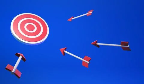 Several arrows on a blue background fly into the target Stock Illustration