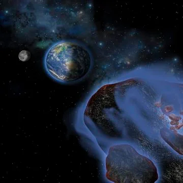 Several asteroids hurtle towards Earth on a path of devastation. Stock Illustration
