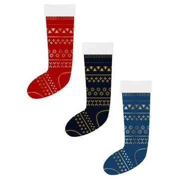 Several beautiful patterned Christmas socks for gifts Stock Illustration