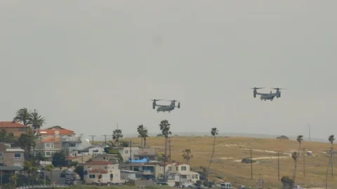 Several bell Boeing V-22 Osprey helicopters are landing.  Summer, daytime. Stock Footage 106328859