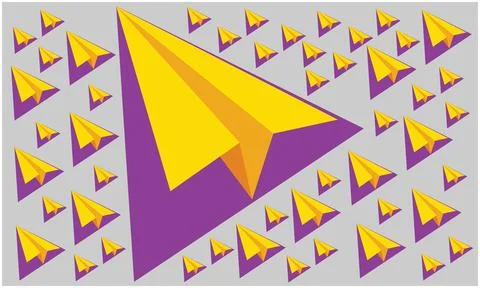 Several big and small yellow paper planes on grey artwork Illustrazione stock