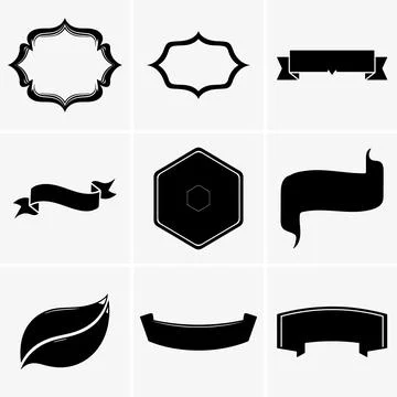 Several black ribbons, frames, and leaf shapes displayed on a white backgroun Stockillustratie