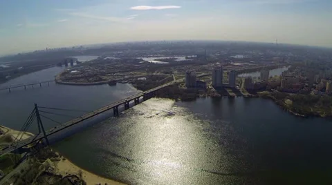 Several bridges across the river on a background of city aerial view. Stock-Footage 36590599