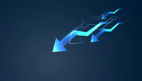 Several bright blue arrows point Down, illustrating a sudden shift in Finan.. Stock Illustration