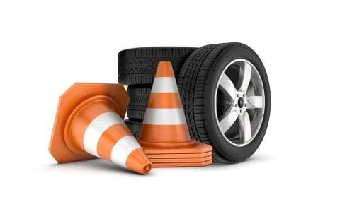 Several car wheels stacked on one another beside several orange and white Stock Illustration