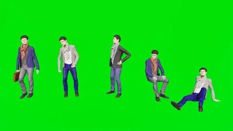 Several casual men sitting on the floor and walking isolated on a bright green Stock Footage 329597146