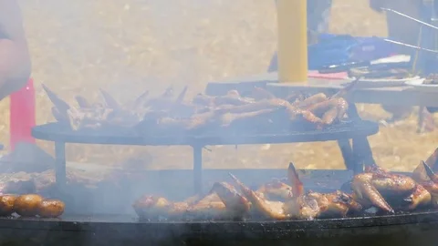 Several chefs make chicken wings in the park Video stock 85384662