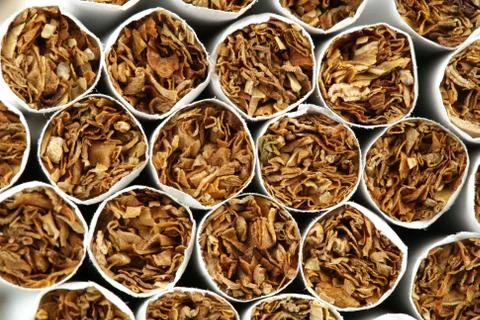 Several cigarettes stacked on table Stock Photos