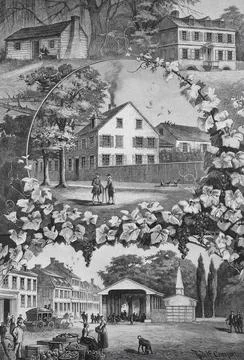 Several city views with buildings embedded in a decorative frame, Old Germantown Ilustração Stock