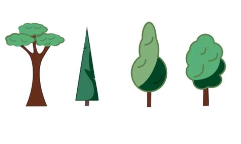 Several color interesting different tree icons standing in line on white back Stock Illustration