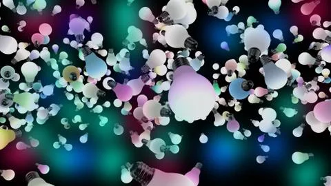 Several colored light bulbs in the air. 3D Rendering Stock Illustration