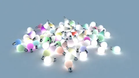 Several colored light bulbs on the ground. 3D Rendering Stock Illustration
