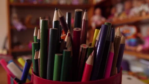 Several colored pencils in cans 4k Stock Footage