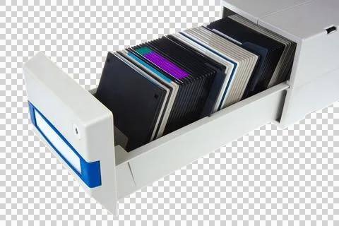 Several computer diskettes in a storage box, isolated on white Stock Photos