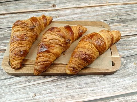 Several croissants, close-up, on a table 스톡 사진