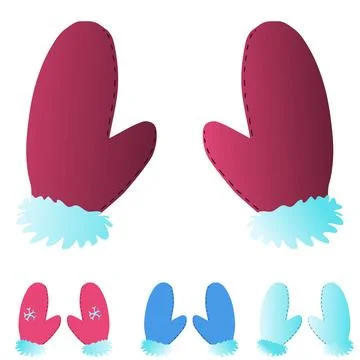 Several different colors of winter gloves with fur and snowflakes Stock Illustration