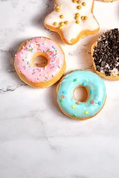 Several different donuts on a white background 스톡 사진
