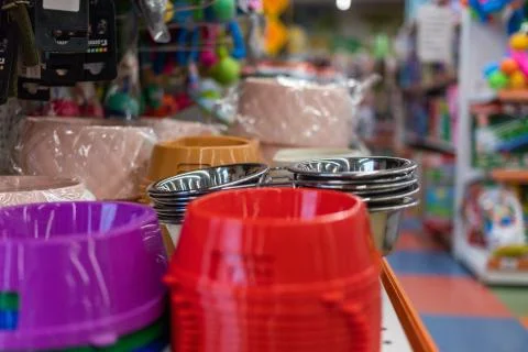 Several different in shape and color bowls for animals Stock Photos