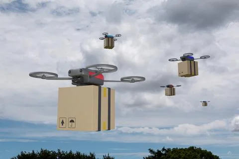 Several drones flying with cardboard boxes. Drone delivery concept. 3d illust Stock Illustration