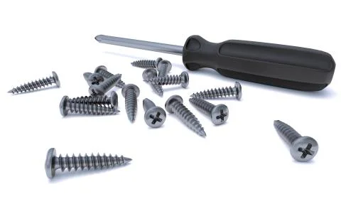 Several drywall screws on a white background 3d render Stock Illustration