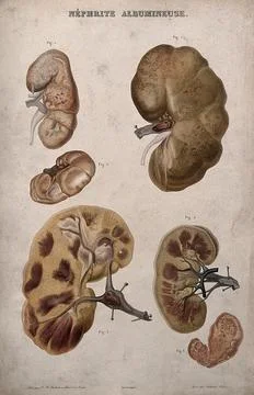 Several examples of diseased kidneys, numbered for key. Colour etching by A.. Stock Illustration