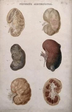 Several examples of diseased kidneys, numbered for key. Colour etching by O.. Stock Illustration