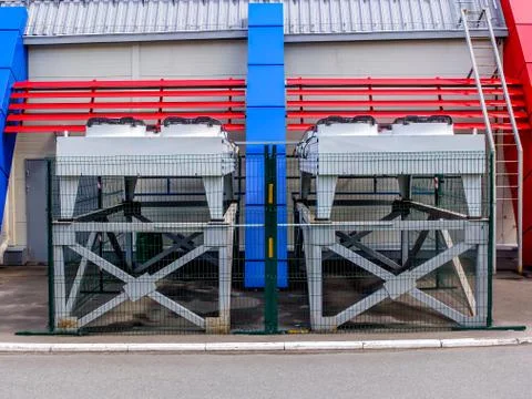 Several external units of a powerful cooling system Stock Photos